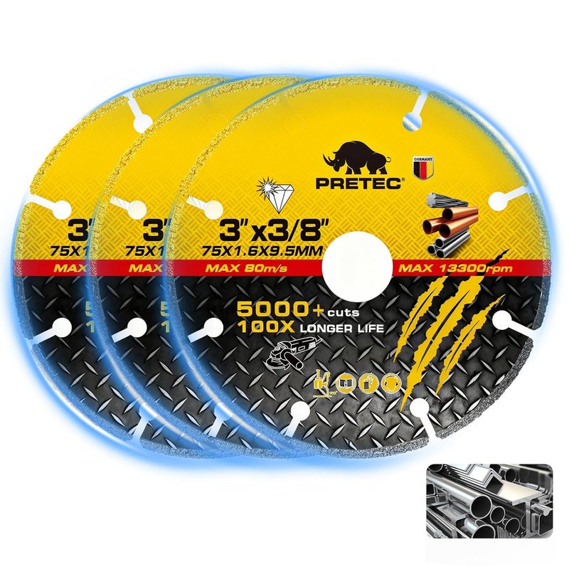 PRETEC Diamond Cutting Wheel 3 Inch with 3/8" Arbor, Carbide Cut Off Wheels for Angle Grinder Cutting Disc with 5000+ Cuts on Rebar, Steel, Iron & INOX–3 Pack - Image 1